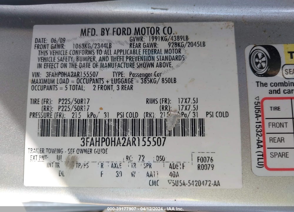 2010 FORD FUSION SE VIN: 3FAHP0HA2AR155507