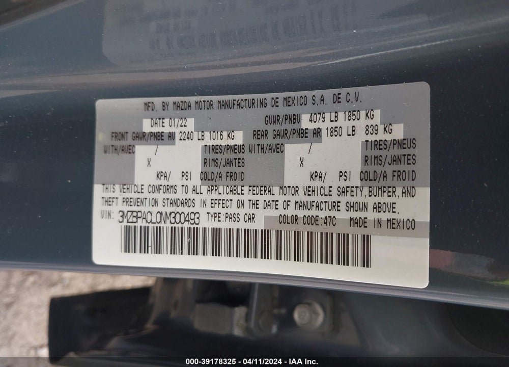 2022 MAZDA 3 CARBON EDITION VIN: 3MZBPACL0NM300493
