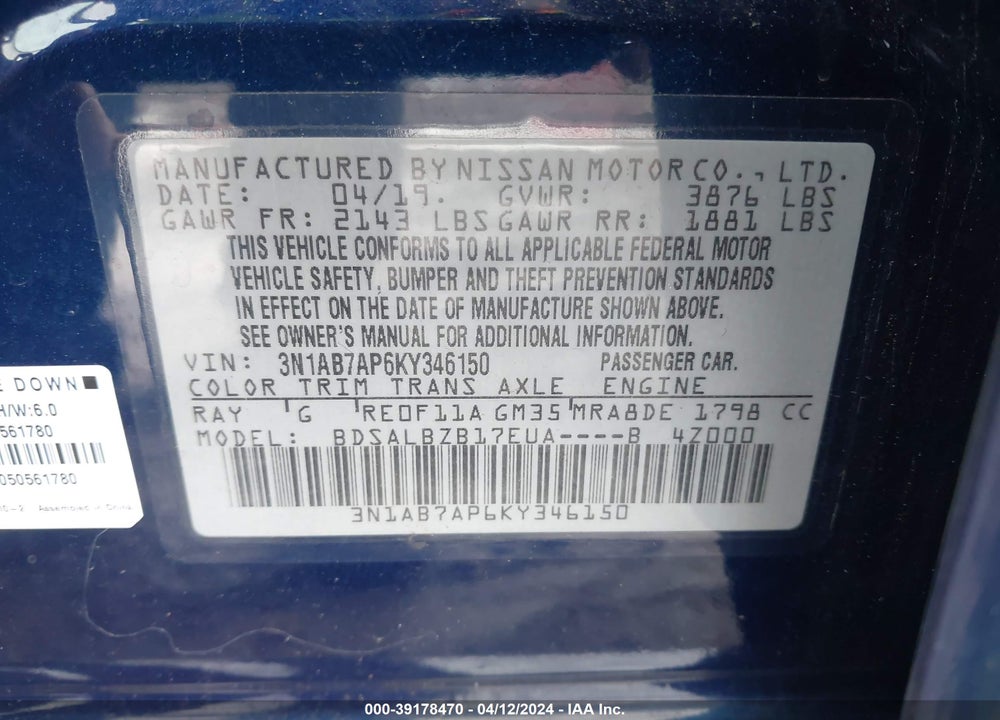 2019 NISSAN SENTRA S/SV/SR/SL VIN: 3N1AB7AP6KY346150