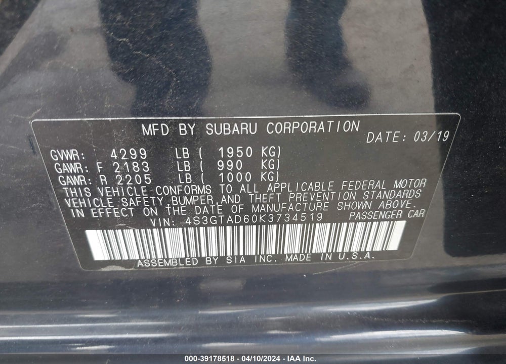 2019 SUBARU IMPREZA 2.0I PREMIUM VIN: 4S3GTAD60K3734519
