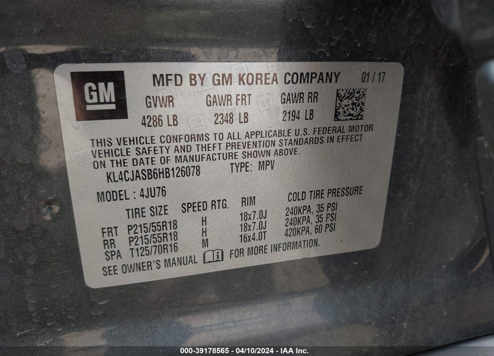 2017 BUICK ENCORE PREFERRED VIN: KL4CJASB6HB126078