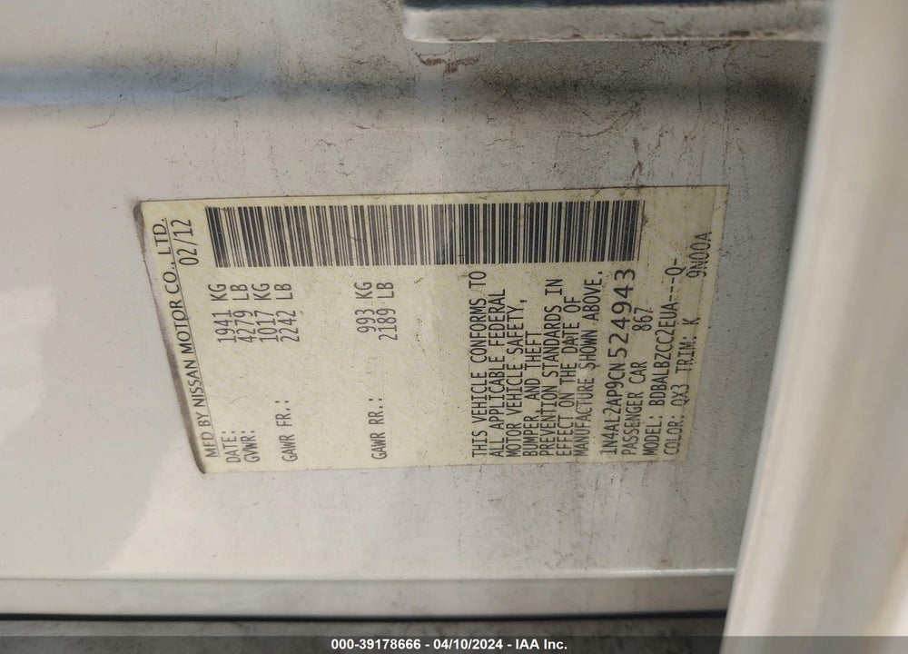 2012 NISSAN ALTIMA 2.5 S VIN: 1N4AL2AP9CN524943