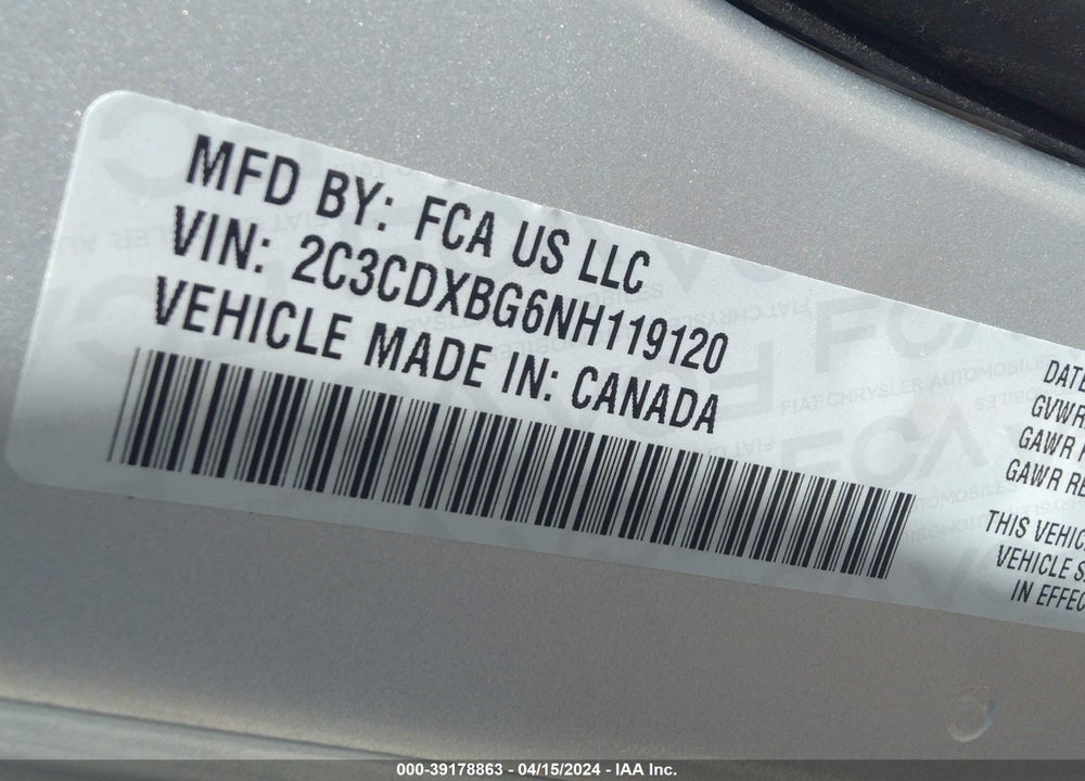 2022 DODGE CHARGER SXT RWD VIN: 2C3CDXBG6NH119120