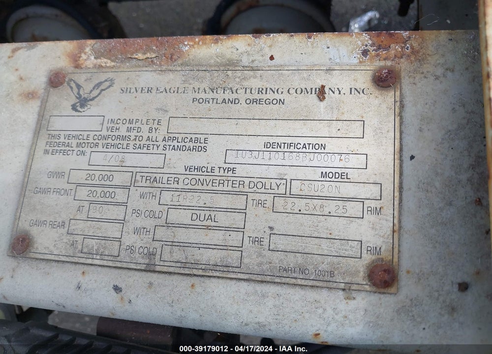 2008 SILVER EAGLE MFG CO --- VIN: 1U3J110168BJ00076