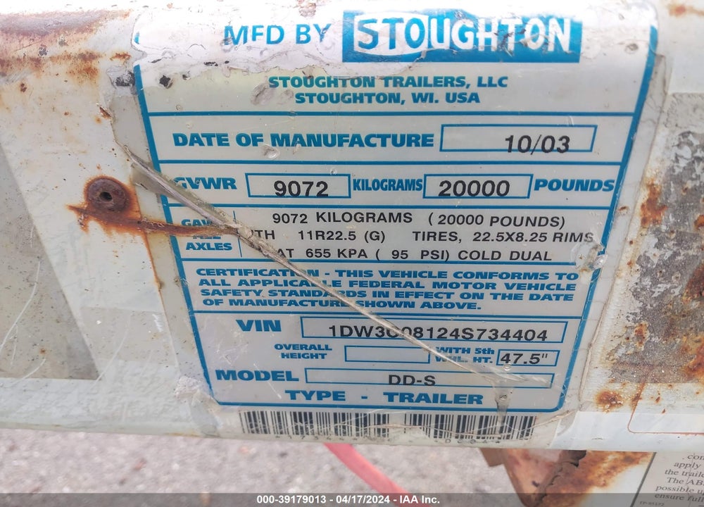 2003 STOUGHTON DD-S TRAILER VIN: 1DW3008124S734404