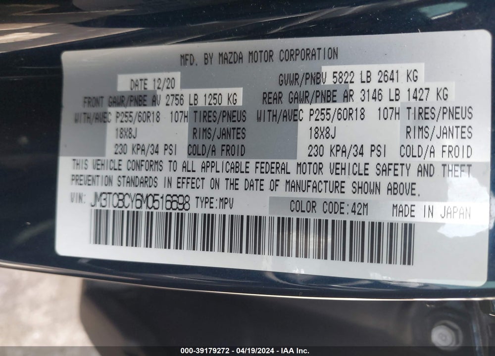2021 MAZDA CX-9 TOURING VIN: JM3TCBCY6M0516698