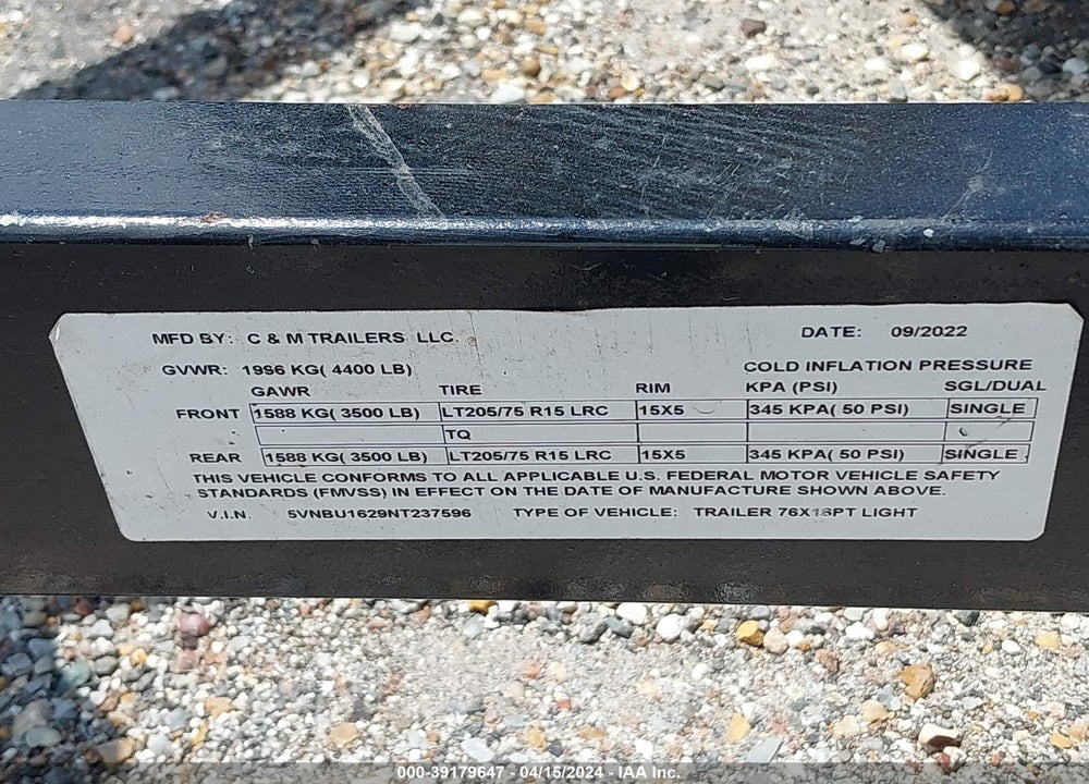 2022 UTILITY CMC  TRAILER VIN: 5VNBU1629NT237596