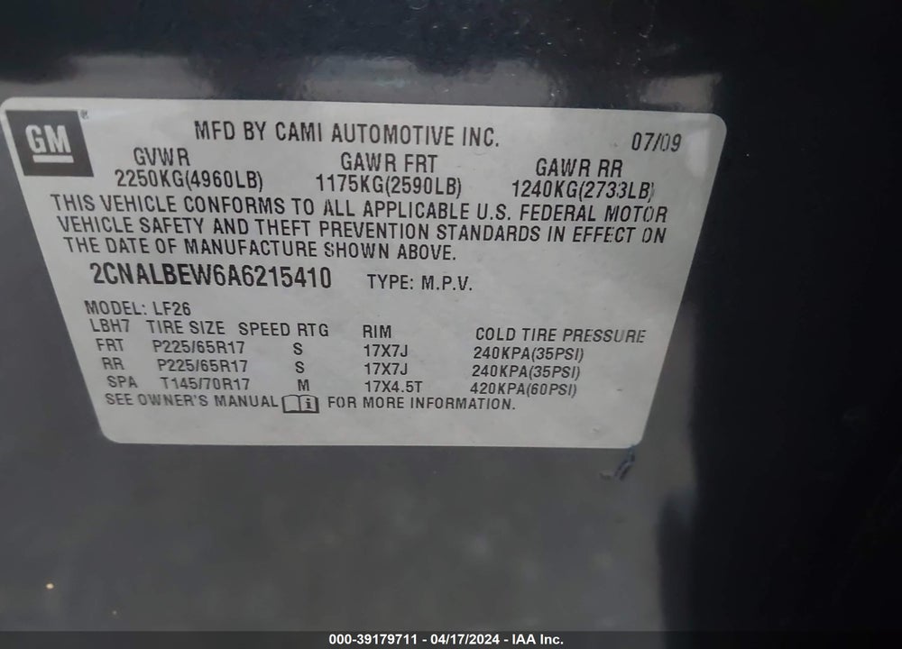 2010 CHEVROLET EQUINOX LS VIN: 2CNALBEW6A6215410