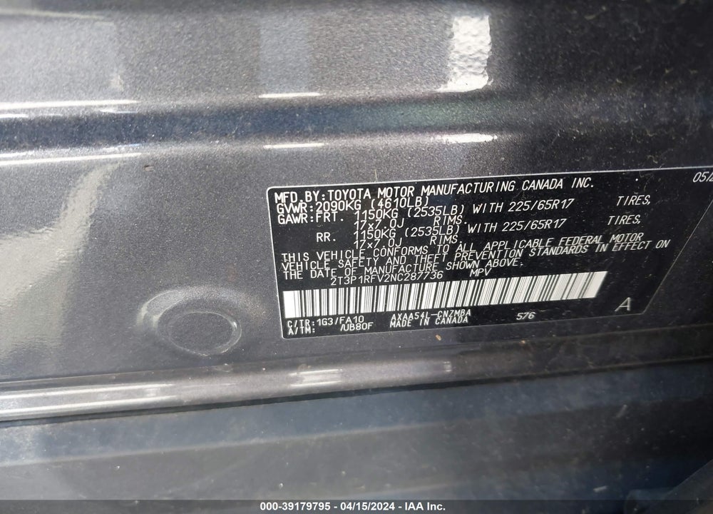 2022 TOYOTA RAV4 XLE VIN: 2T3P1RFV2NC287736