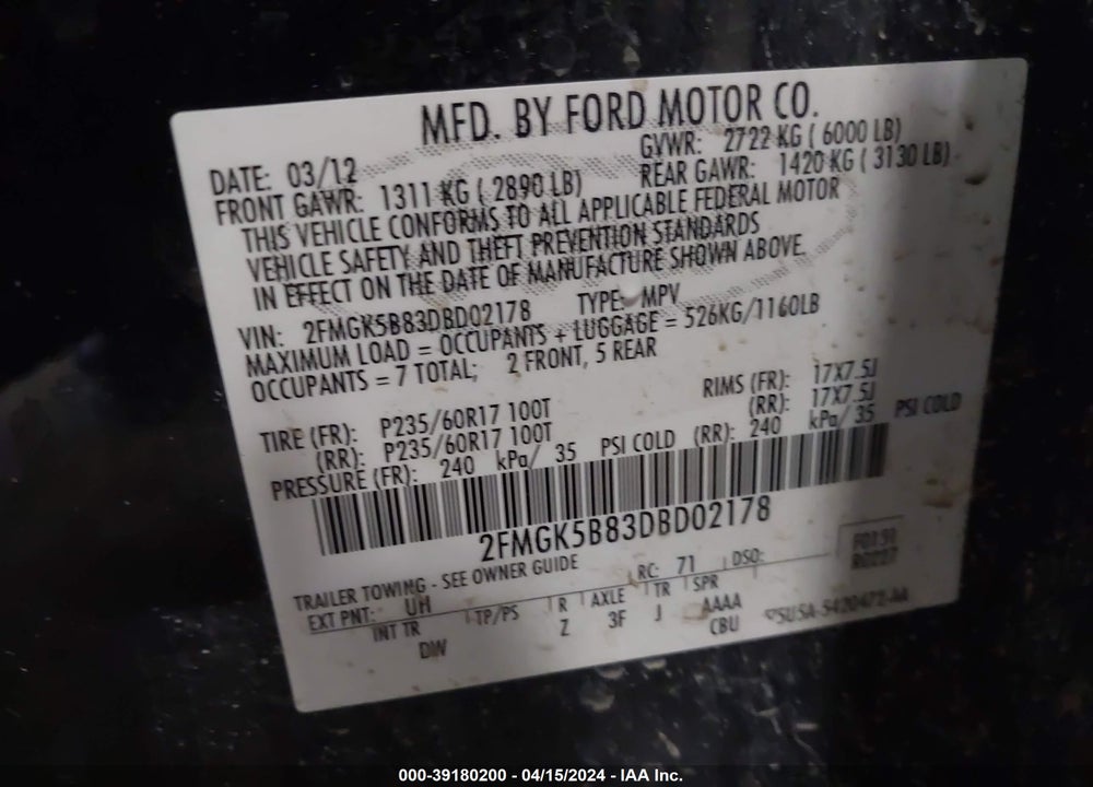 2013 FORD FLEX SE VIN: 2FMGK5B83DBD02178