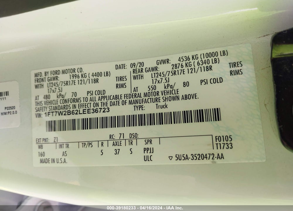 2020 FORD F-250 XL VIN: 1FT7W2B62LEE36723