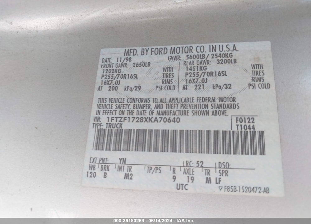 1999 FORD F-150 WORK SERIES/XL/XLT VIN: 1FTZF1728XKA70640