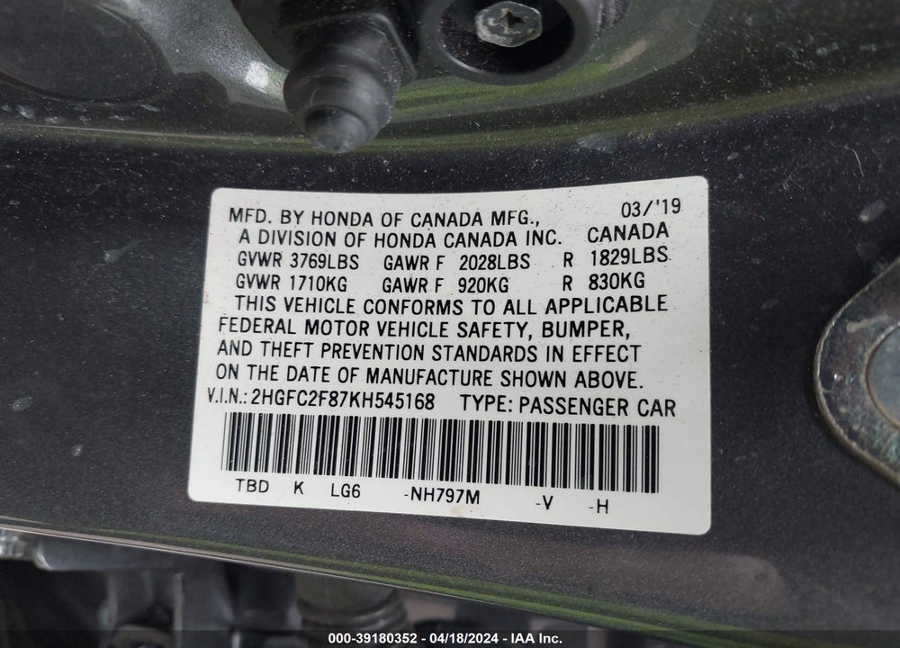 2019 HONDA CIVIC SPORT VIN: 2HGFC2F87KH545168