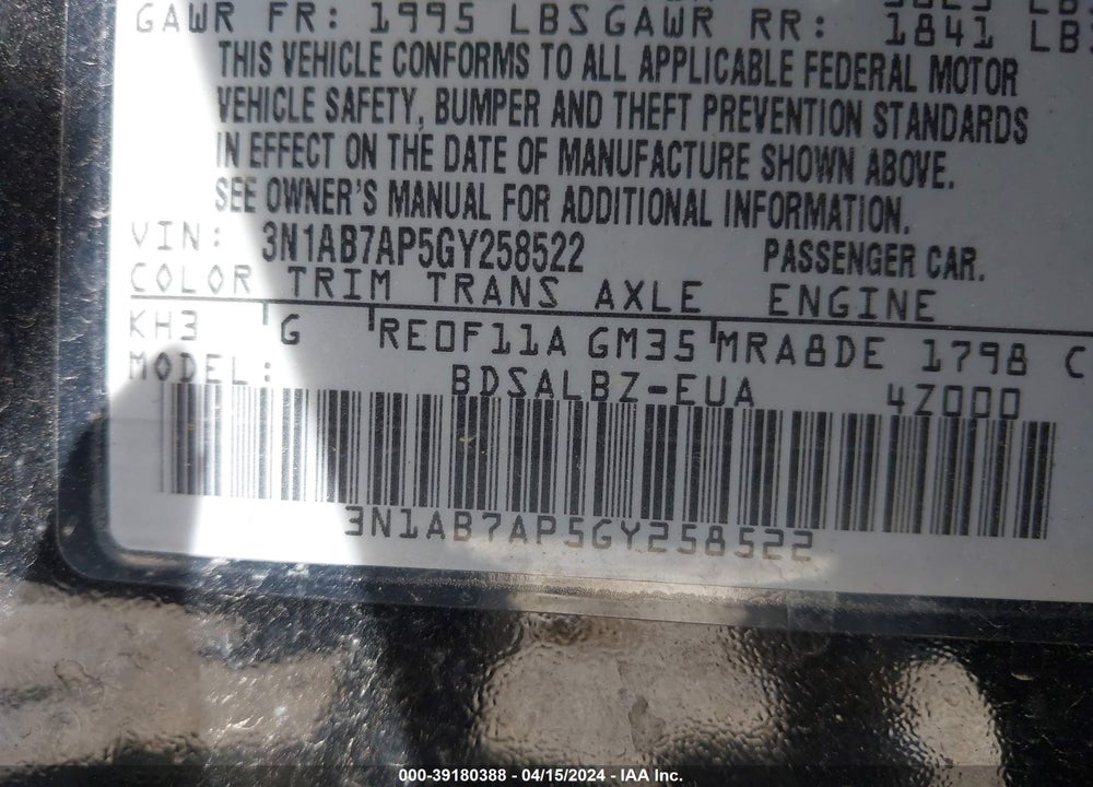 2016 NISSAN SENTRA S VIN: 3N1AB7AP5GY258522