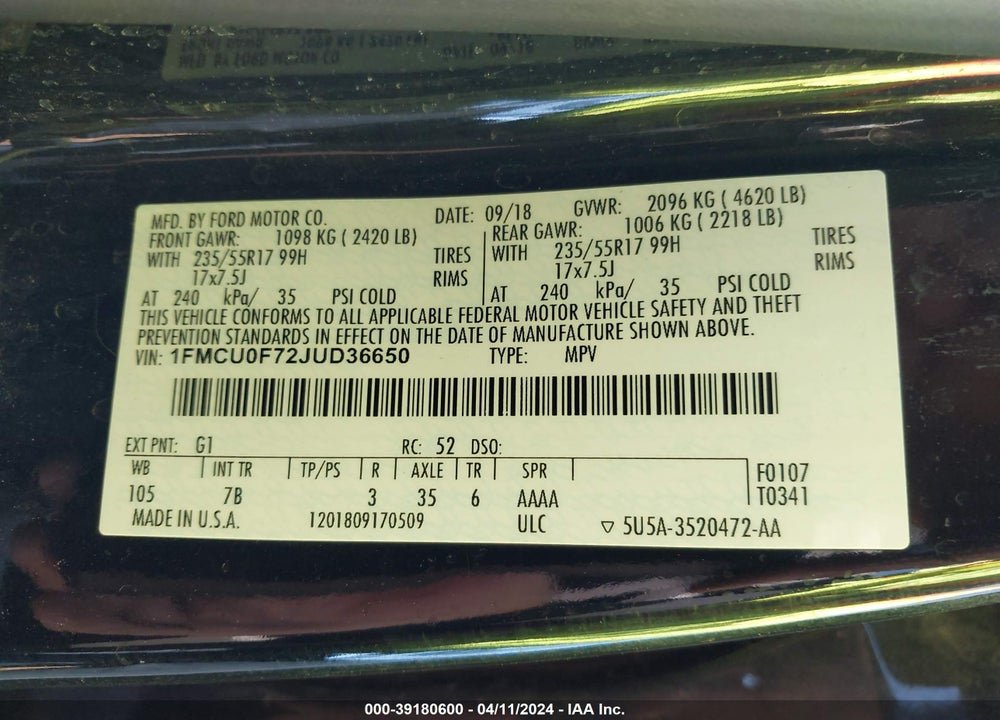 2018 FORD ESCAPE S VIN: 1FMCU0F72JUD36650