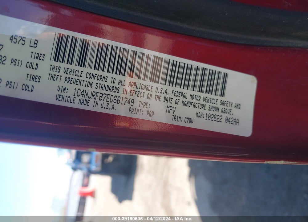 2014 JEEP PATRIOT LATITUDE VIN: 1C4NJRFB7ED661749