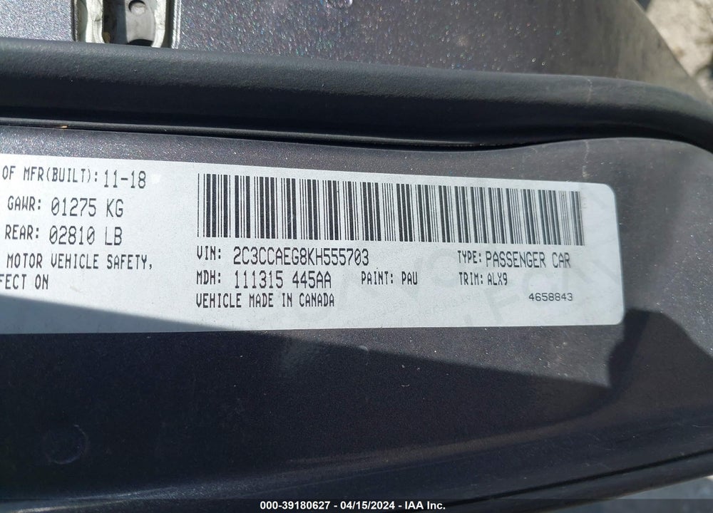 2019 CHRYSLER 300 LIMITED VIN: 2C3CCAEG8KH555703