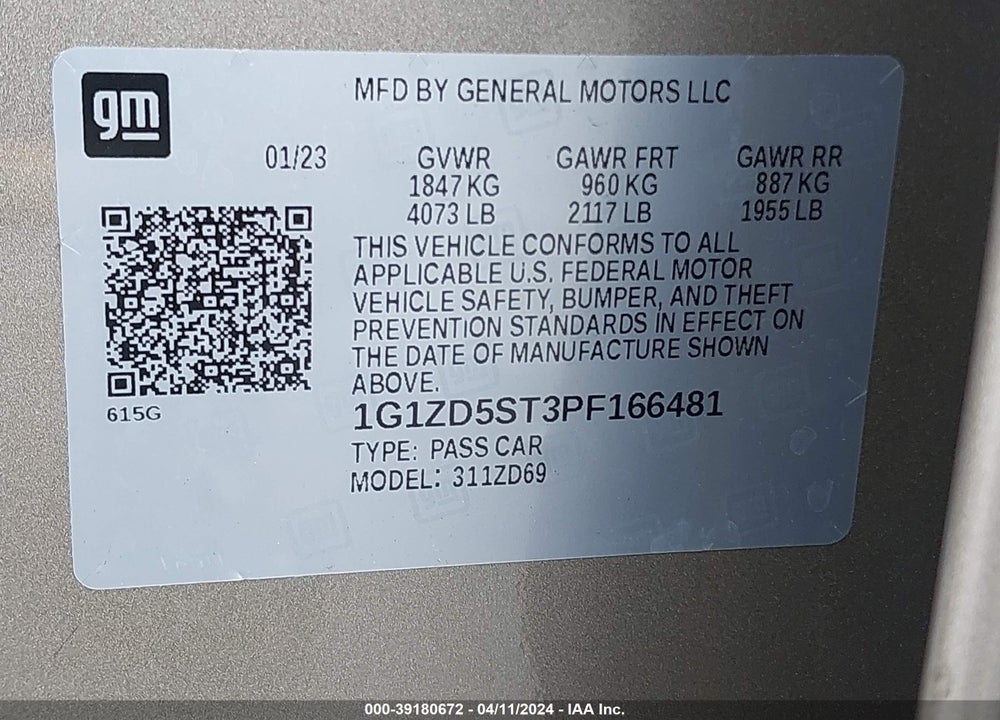 2023 CHEVROLET MALIBU FWD 1LT VIN: 1G1ZD5ST3PF166481
