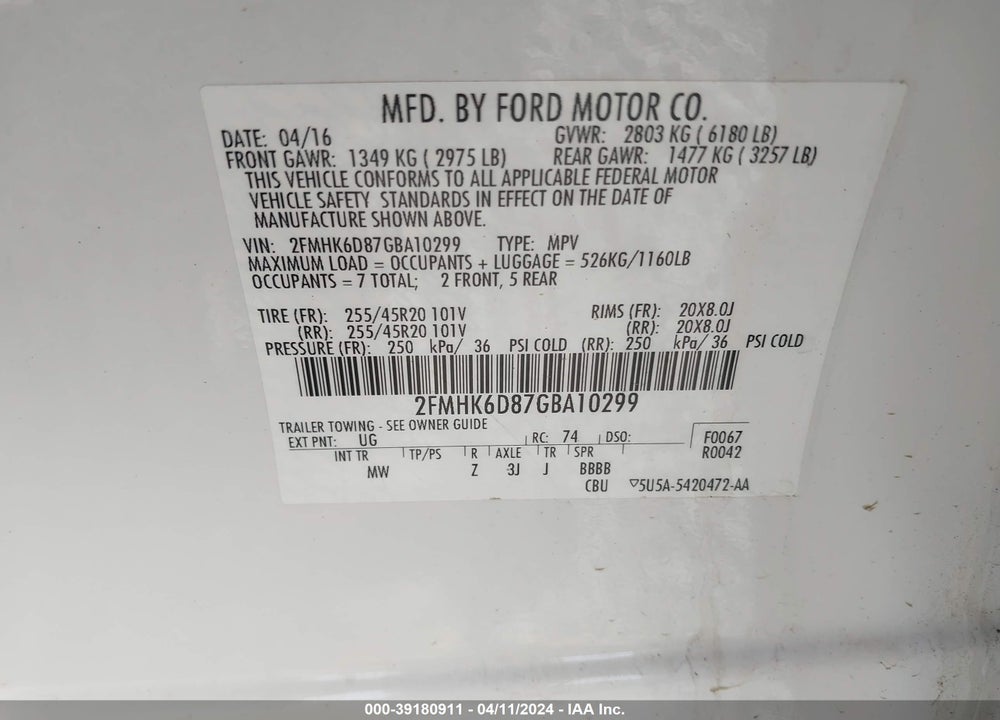 2016 FORD FLEX LIMITED VIN: 2FMHK6D87GBA10299