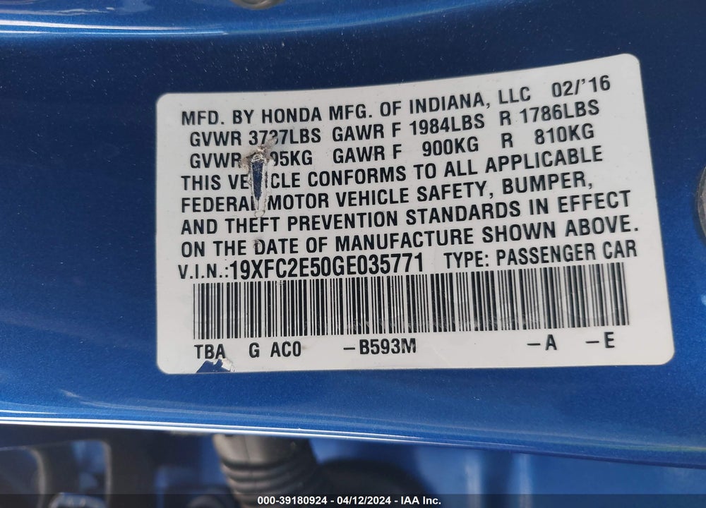 2016 HONDA CIVIC LX VIN: 19XFC2E50GE035771
