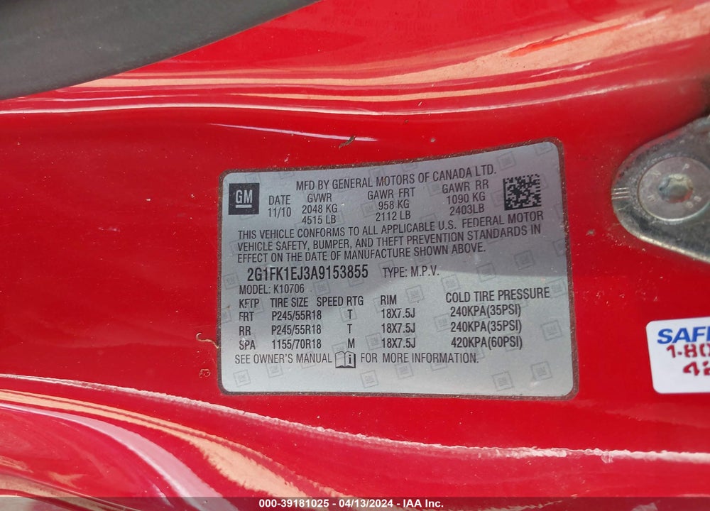 2010 CHEVROLET CAMARO VIN: 2G1FK1EJ3A9153855
