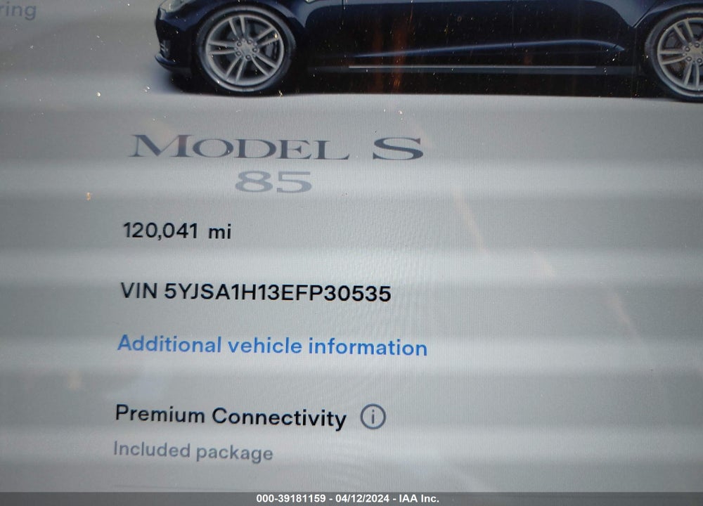 2014 TESLA MODEL S P85 VIN: 5YJSA1H13EFP30535