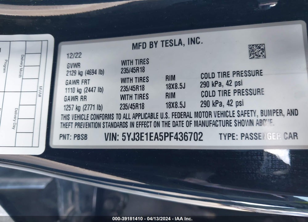 2023 TESLA MODEL 3 REAR-WHEEL DRIVE VIN: 5YJ3E1EA5PF436702