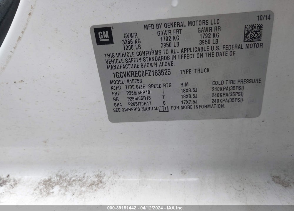 2015 CHEVROLET SILVERADO 1500 2LT VIN: 1GCVKREC0FZ183525