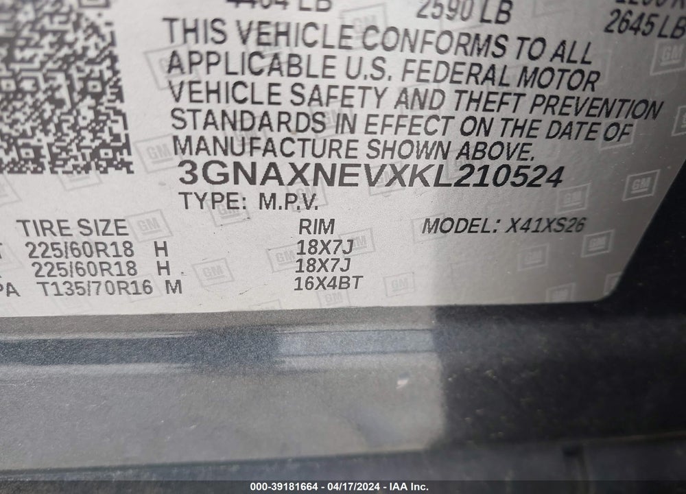 2019 CHEVROLET EQUINOX PREMIER VIN: 3GNAXNEVXKL210524