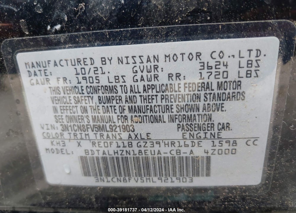 2021 NISSAN VERSA SR XTRONIC CVT VIN: 3N1CN8FV5ML921903