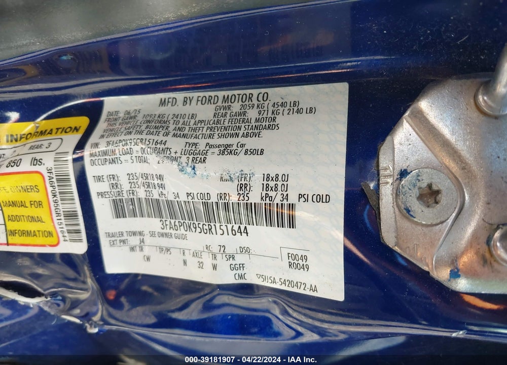 2016 FORD FUSION TITANIUM VIN: 3FA6P0K95GR151644