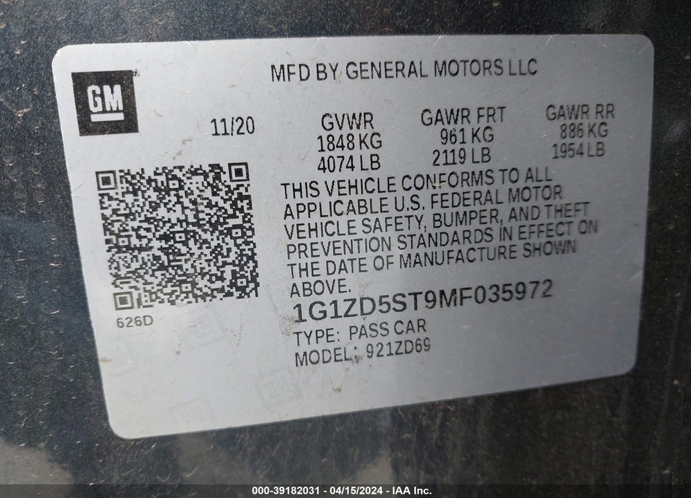 2021 CHEVROLET MALIBU FWD LT VIN: 1G1ZD5ST9MF035972