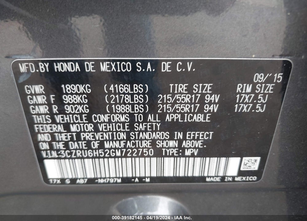 2016 HONDA HR-V EX VIN: 3CZRU6H52GM722750