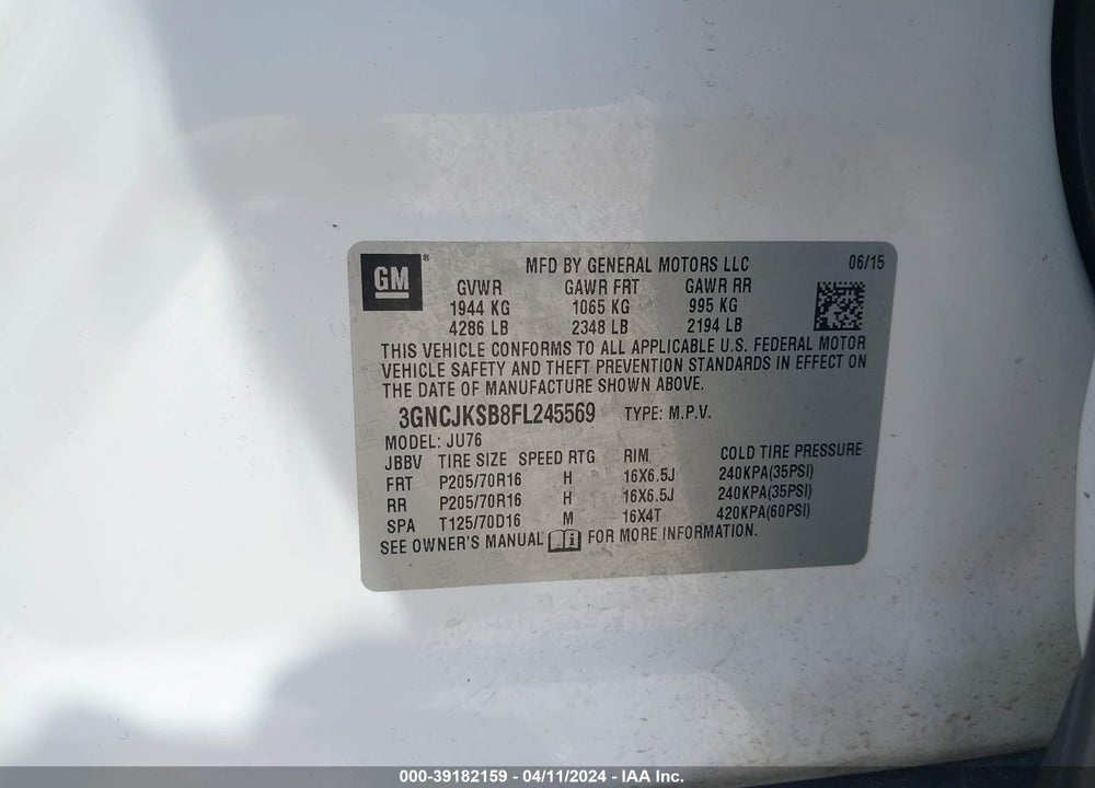 2015 CHEVROLET TRAX 1LS VIN: 3GNCJKSB8FL245569