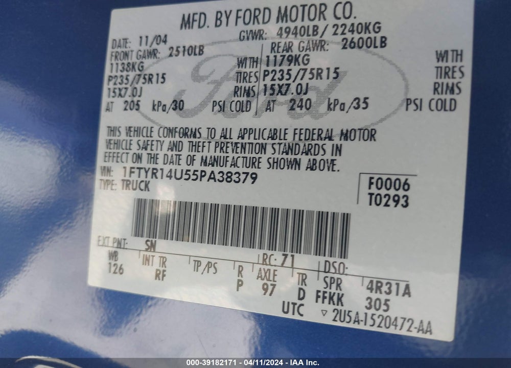 2005 FORD RANGER EDGE/STX/XL/XLT VIN: 1FTYR14U55PA38379
