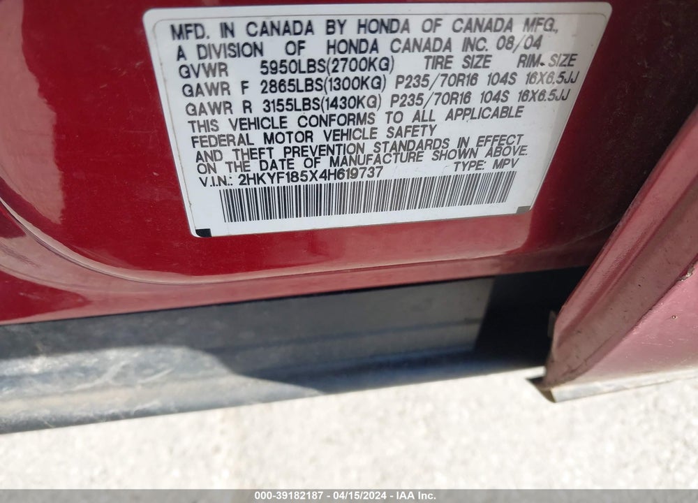 2004 HONDA PILOT EX-L VIN: 2HKYF185X4H619737