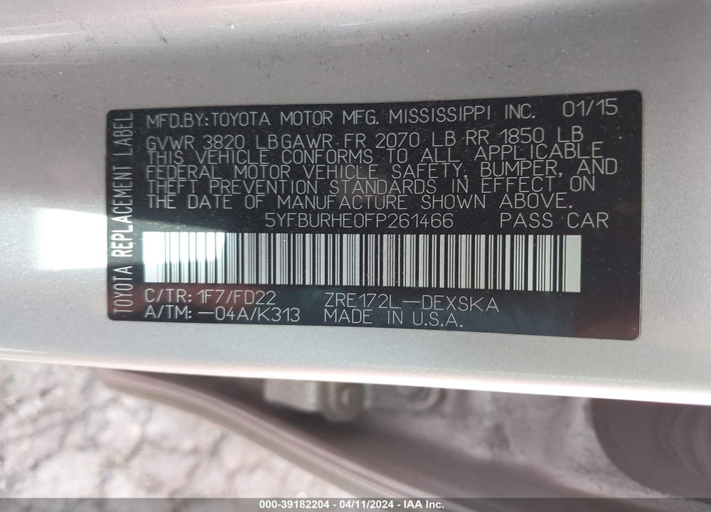 2015 TOYOTA COROLLA S PLUS VIN: 5YFBURHE0FP261466