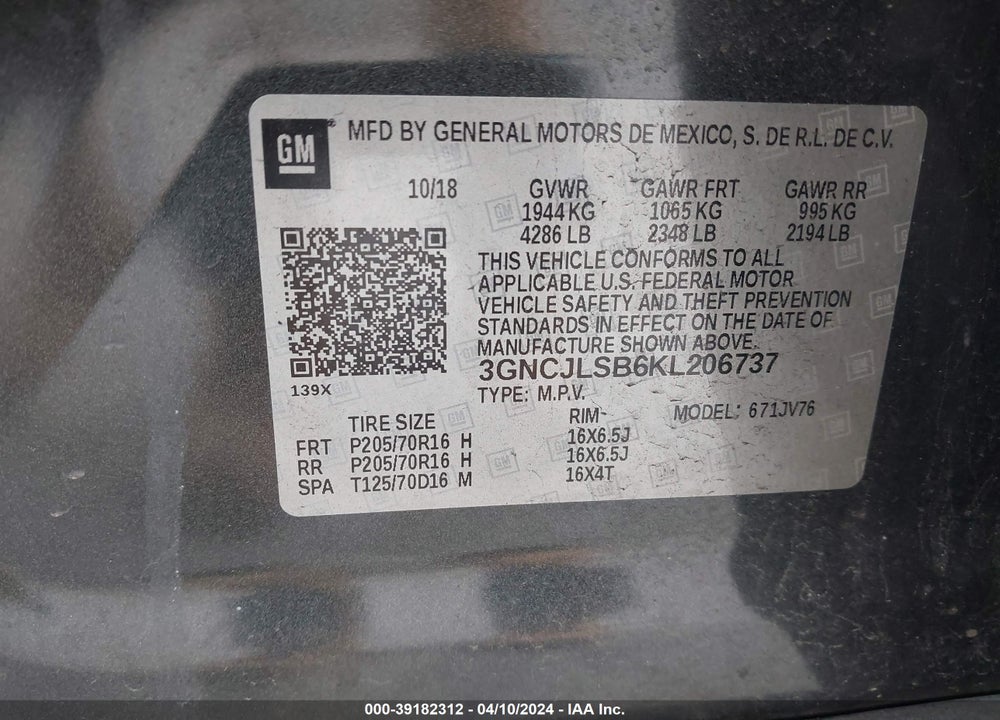 2019 CHEVROLET TRAX LT VIN: 3GNCJLSB6KL206737