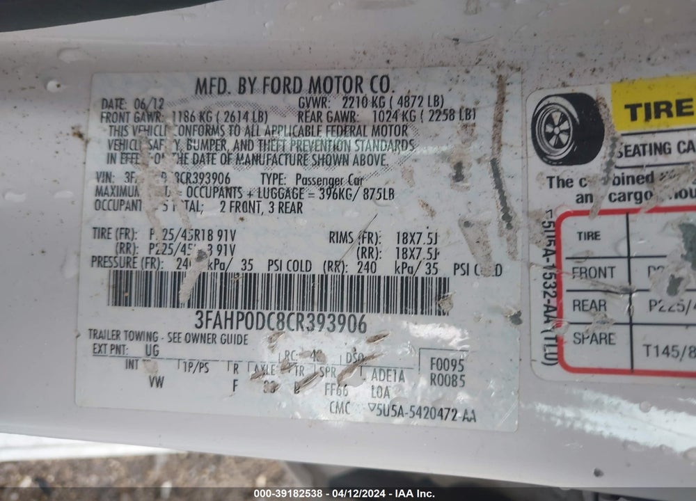 2012 FORD FUSION SPORT VIN: 3FAHP0DC8CR393906