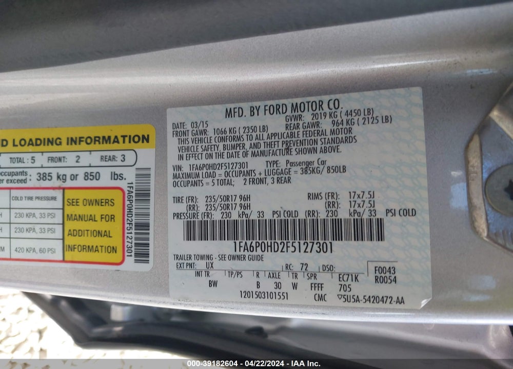 2015 FORD FUSION SE VIN: 1FA6P0HD2F5127301