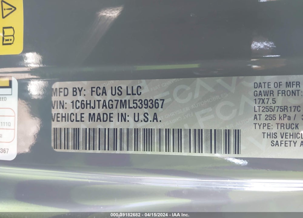 2021 JEEP GLADIATOR WILLYS SPORT 4X4 VIN: 1C6HJTAG7ML539367
