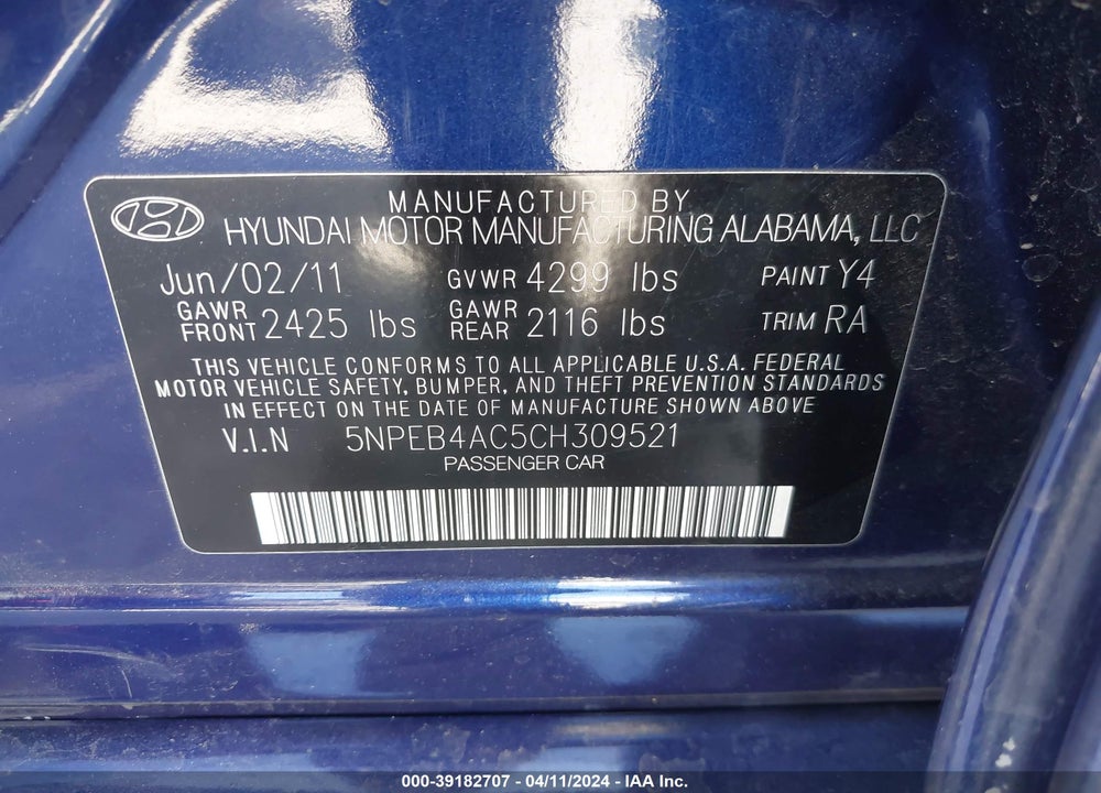 2012 HYUNDAI SONATA GLS VIN: 5NPEB4AC5CH309521