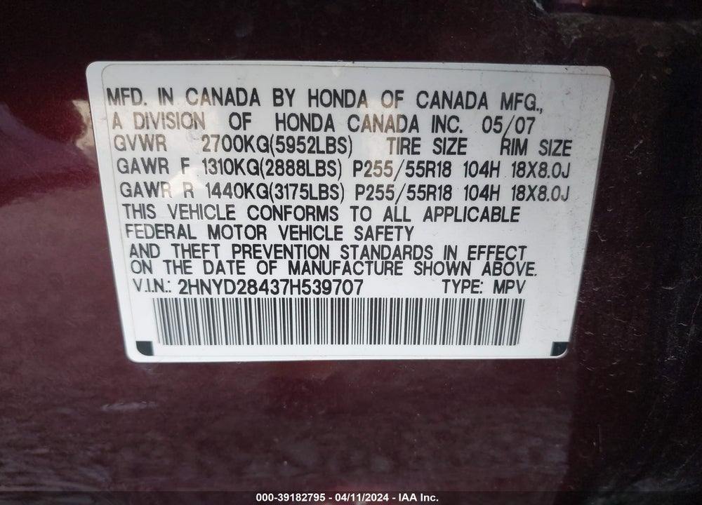 2007 ACURA MDX TECHNOLOGY PACKAGE VIN: 2HNYD28437H539707