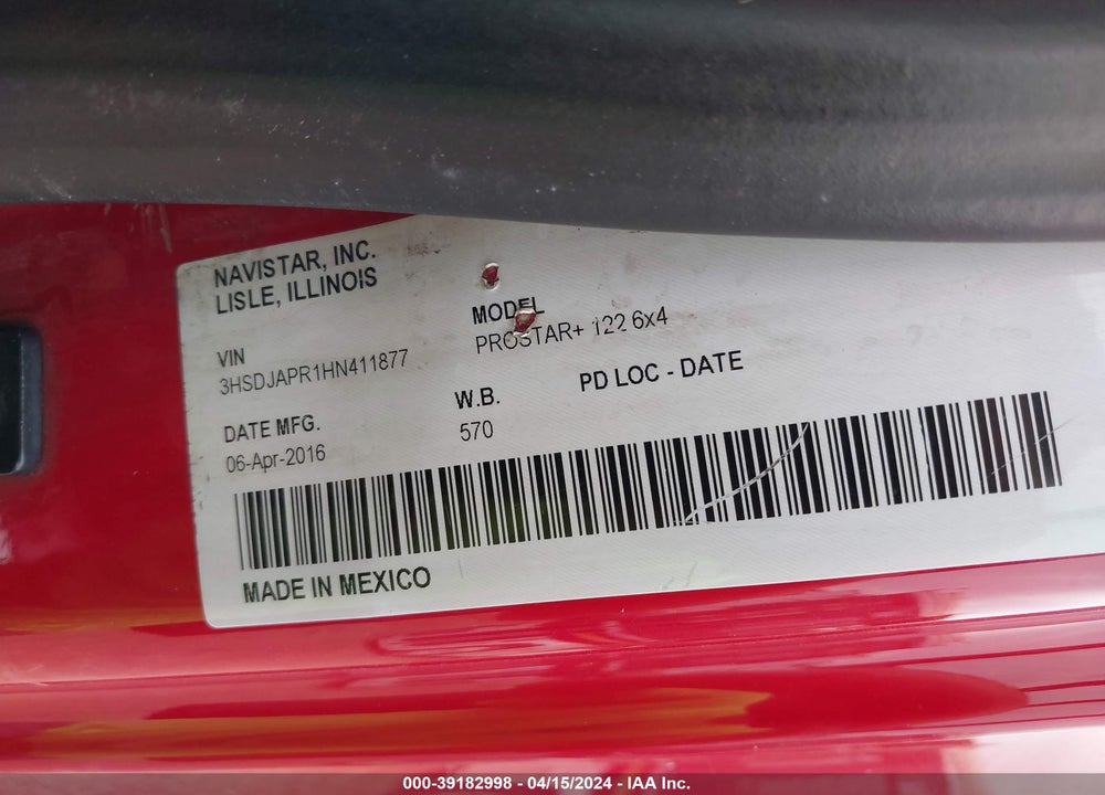 2017 INTERNATIONAL PROSTAR VIN: 3HSDJAPR1HN411877
