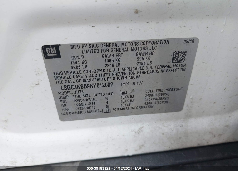 2019 CHEVROLET TRAX LS VIN: LSGCJKSB9KY012032
