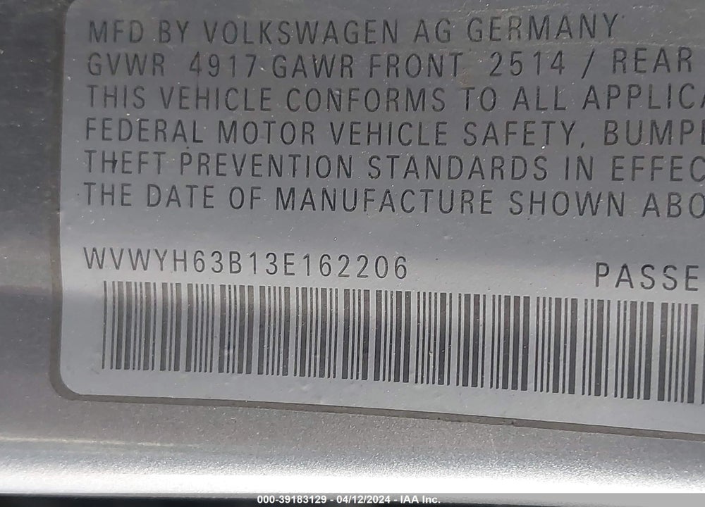2003 VOLKSWAGEN PASSAT GLX VIN: WVWYH63B13E162206
