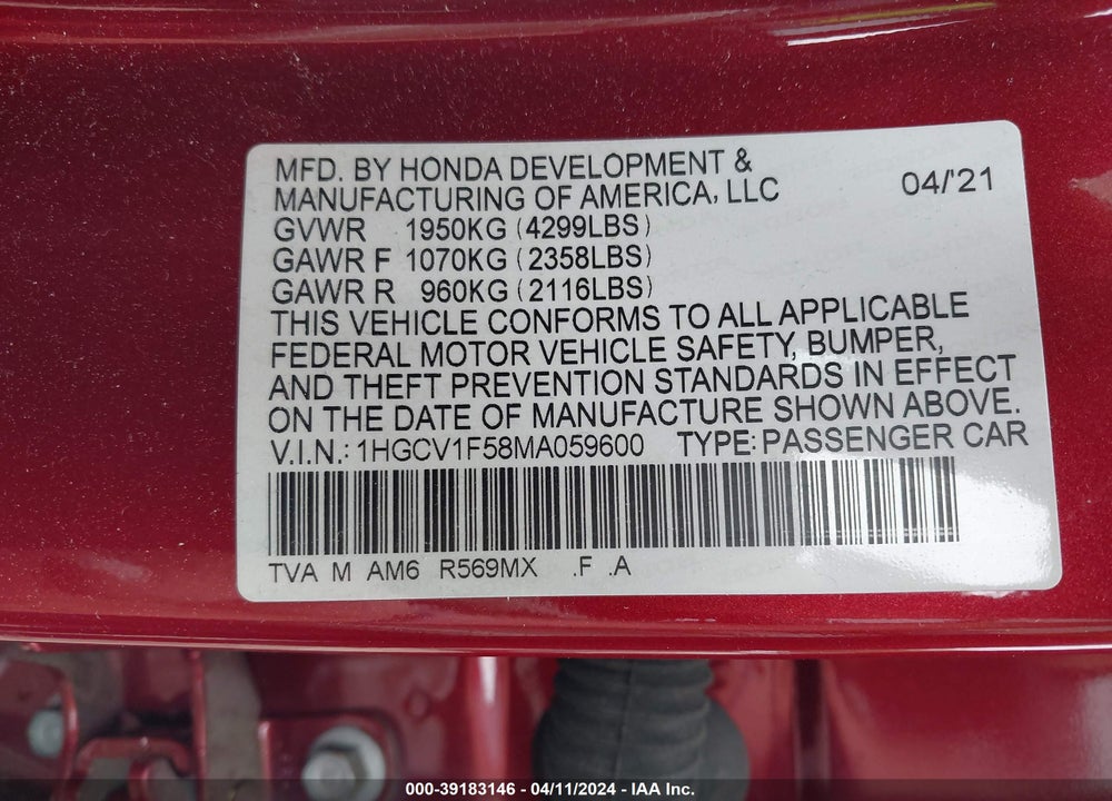 2021 HONDA ACCORD EX-L VIN: 1HGCV1F58MA059600