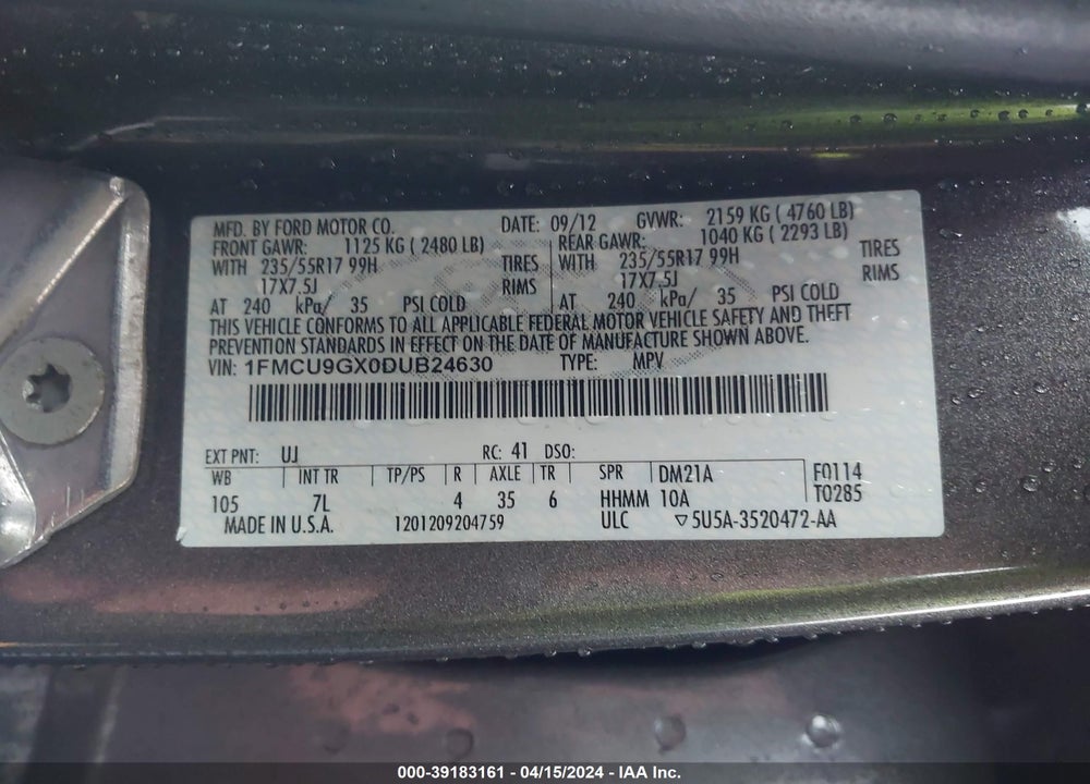 2013 FORD ESCAPE SE VIN: 1FMCU9GX0DUB24630