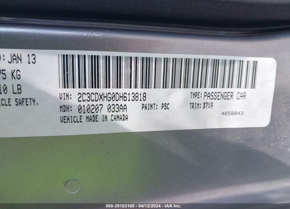 2013 DODGE CHARGER SXT VIN: 2C3CDXHG0DH613818