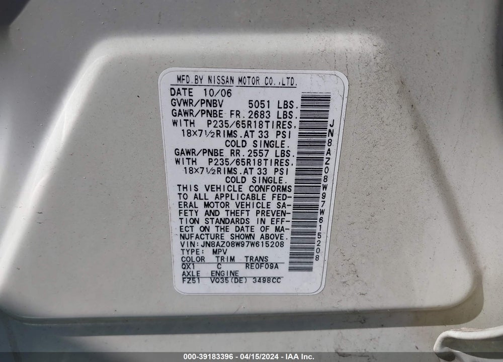 2007 NISSAN MURANO S VIN: JN8AZ08W97W615208